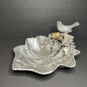 Decorative Cast Aluminum Textured Chestnut Leaf & Bird Trinket Bowl 3.75 x 8"